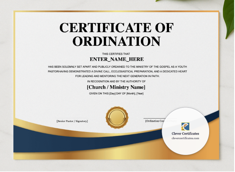 Youth Pastor Ordination Certificate Landscape presented in a sleek wooden frame, elegantly arranged on a stylish table.