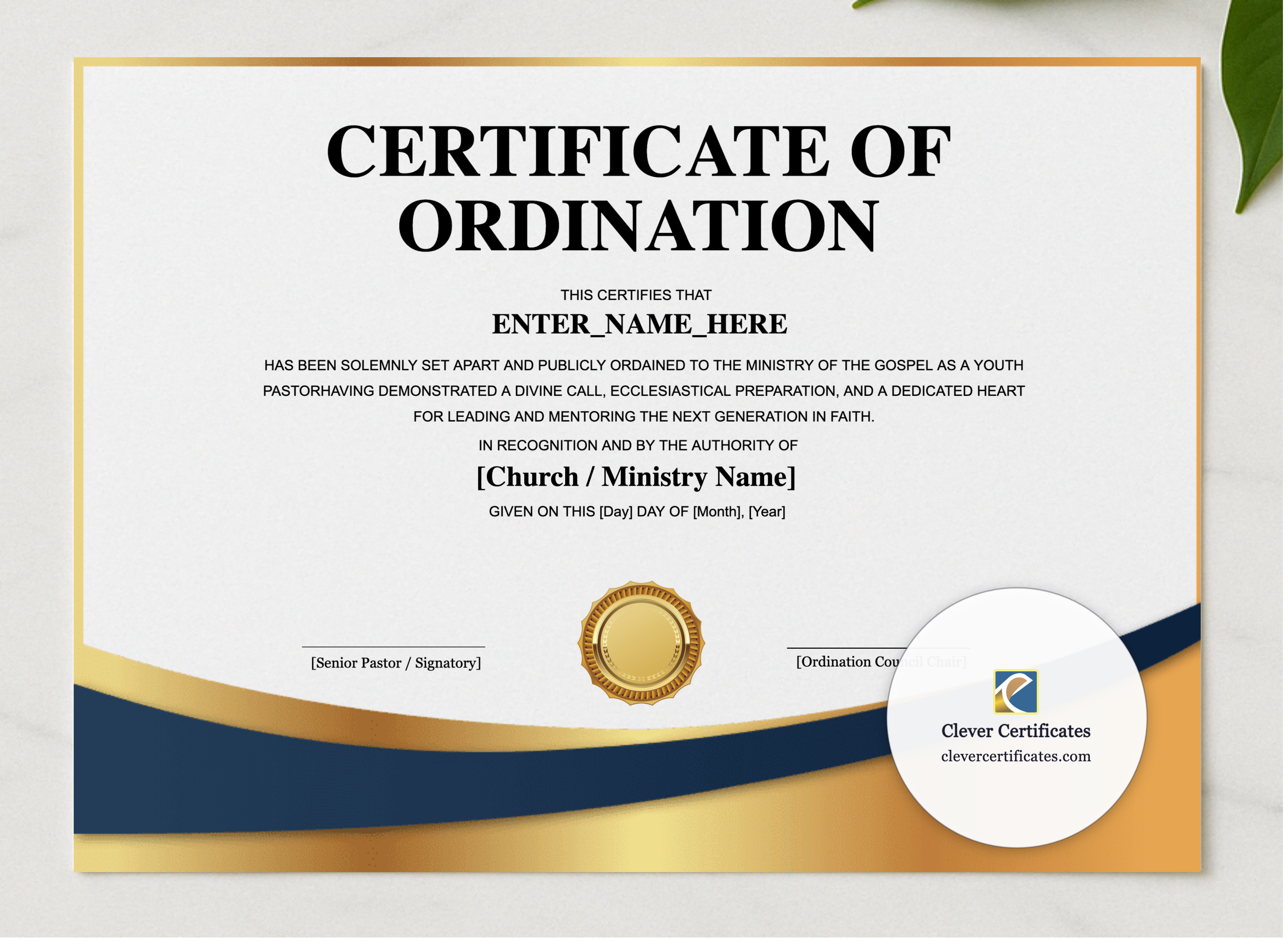 Youth Pastor Ordination Certificate Landscape presented in a sleek wooden frame, elegantly arranged on a stylish table.