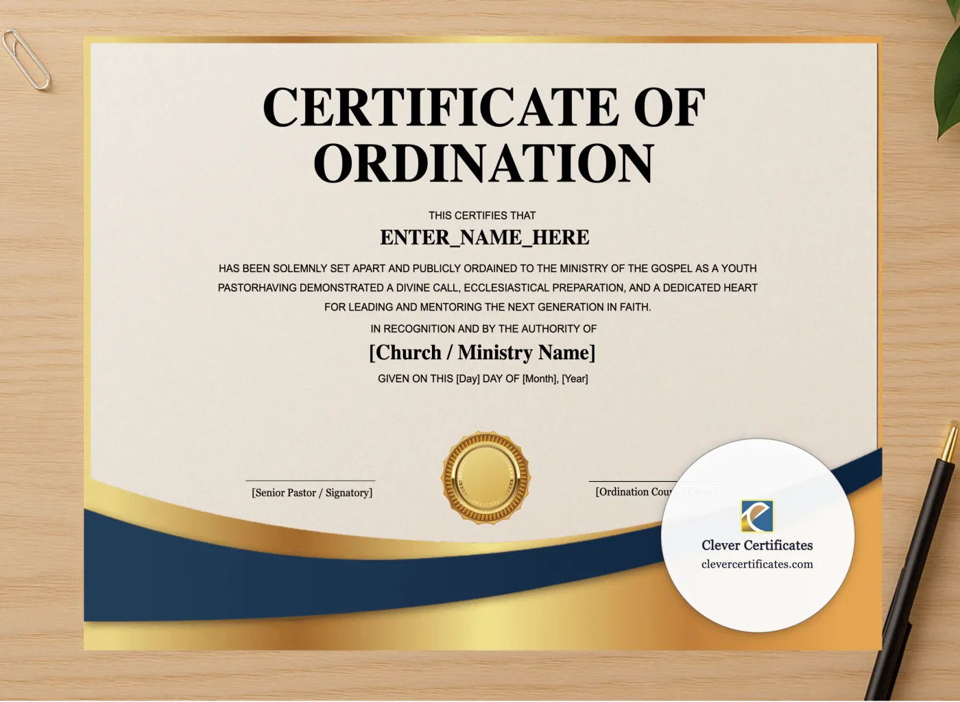 Professional preview of Youth Pastor Ordination Certificate Landscape certificate on high-quality stationery paper, ideal for showcasing the final look.
