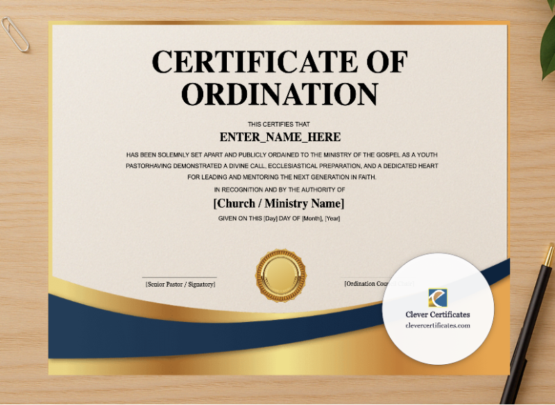 Professional preview of Youth Pastor Ordination Certificate Landscape certificate on high-quality stationery paper, ideal for showcasing the final look.