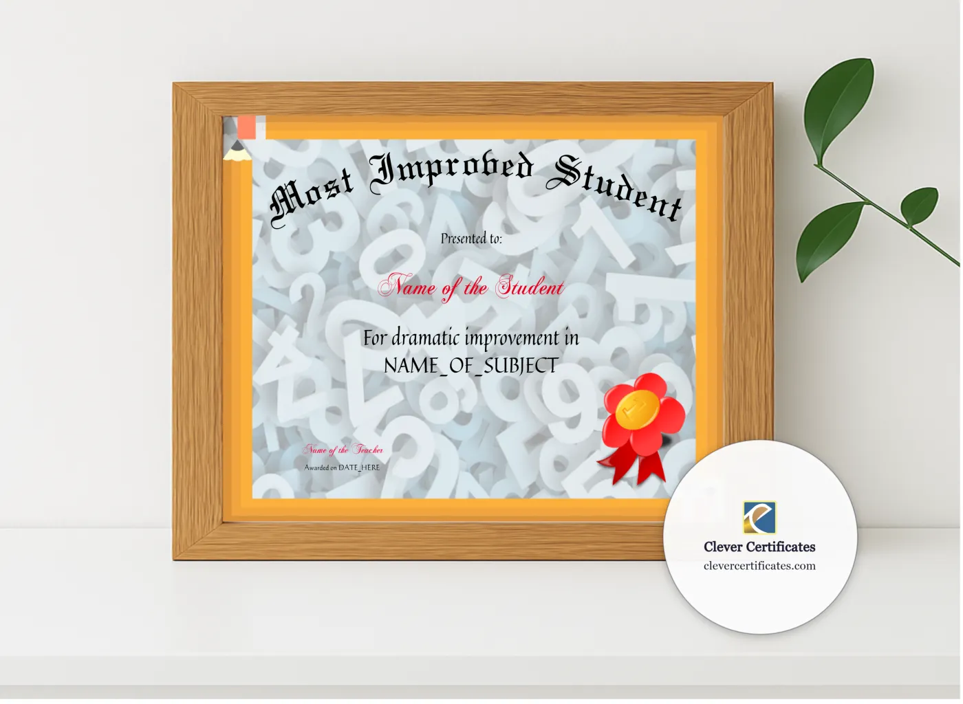 Realistic mockup featuring Most Improved Student Award displayed within a modern frame, set against a minimalistic background.