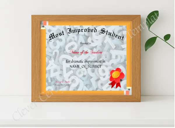 Realistic mockup featuring Most Improved Student Award displayed within a modern frame, set against a minimalistic background.