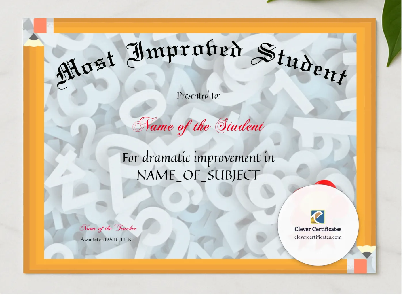Most Improved Student Award presented in a sleek wooden frame, elegantly arranged on a stylish table.
