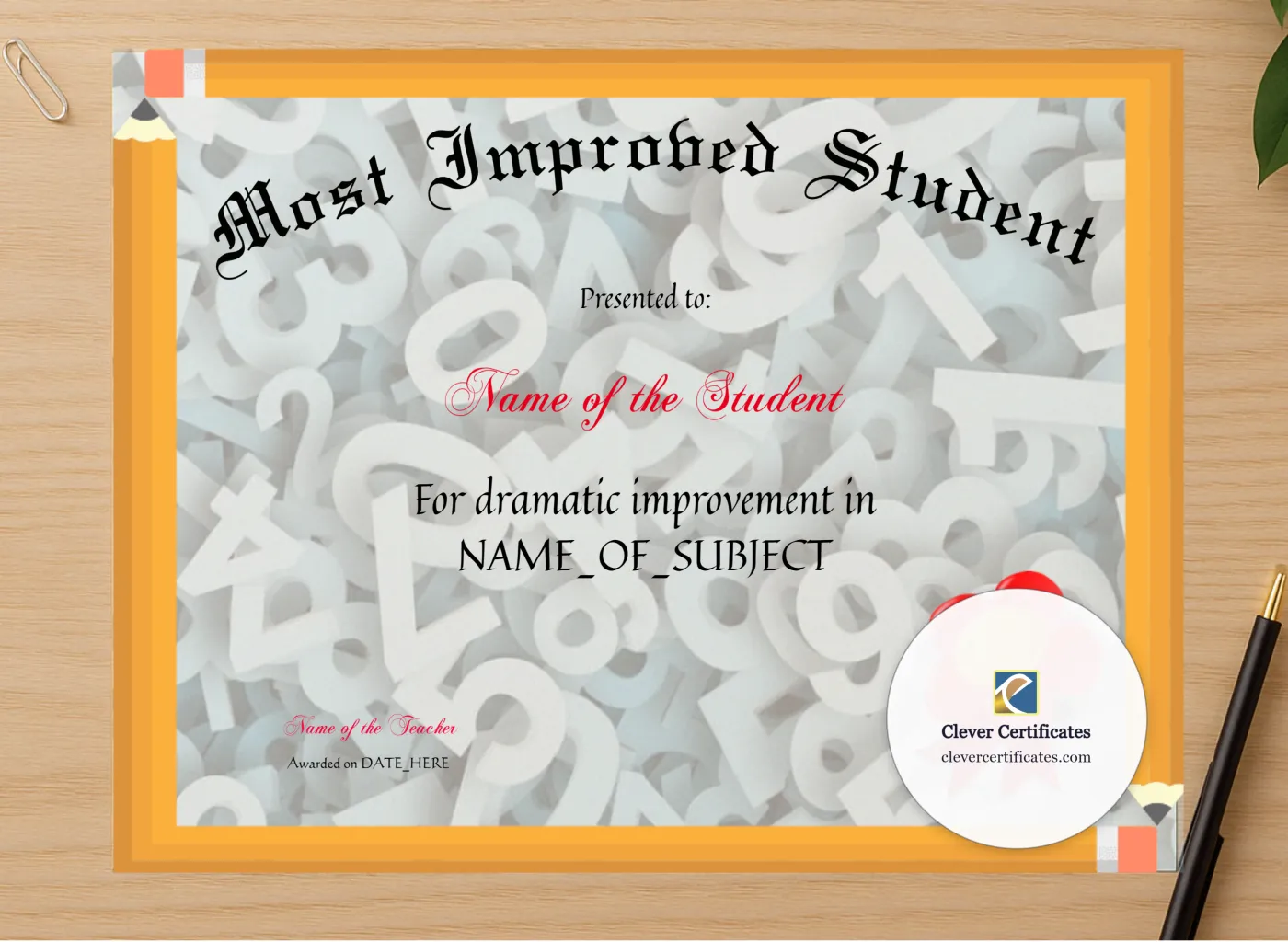 Professional preview of Most Improved Student Award certificate on high-quality stationery paper, ideal for showcasing the final look.