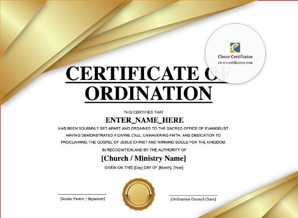 Evangelist Ordination Certificate · Landscape