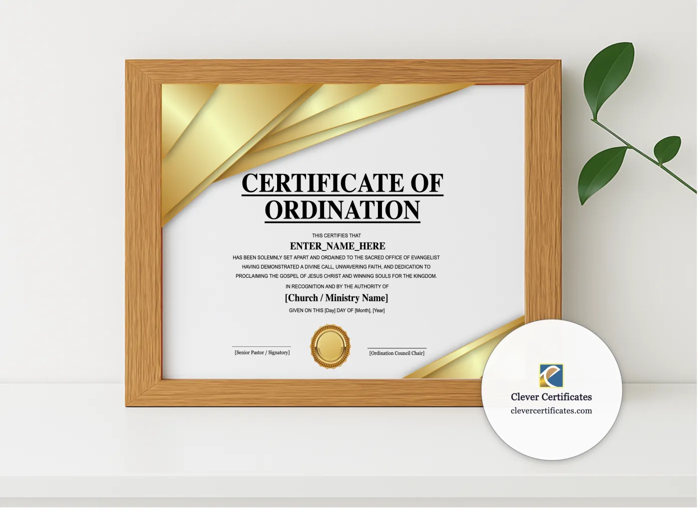 Realistic mockup featuring Evangelist Ordination Certificate Landscape displayed within a modern frame, set against a minimalistic background.