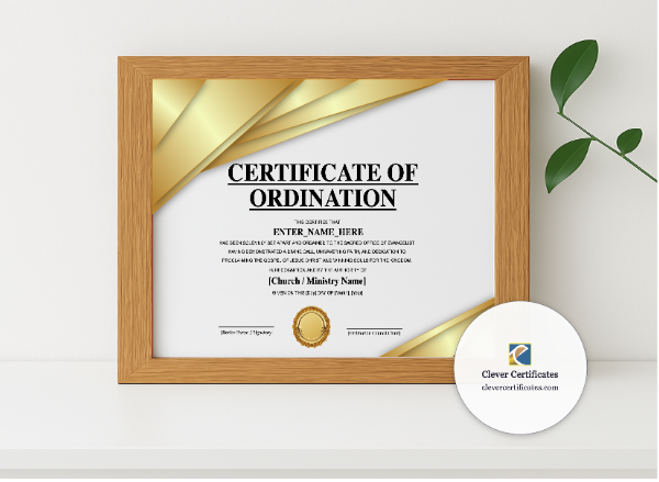 Realistic mockup featuring Evangelist Ordination Certificate Landscape displayed within a modern frame, set against a minimalistic background.