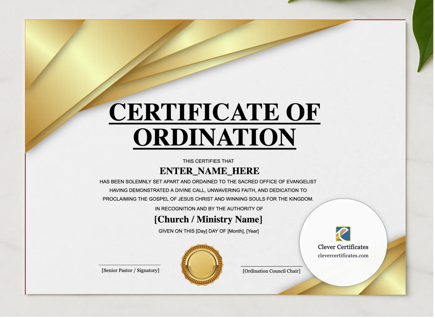 Evangelist Ordination Certificate Landscape presented in a sleek wooden frame, elegantly arranged on a stylish table.