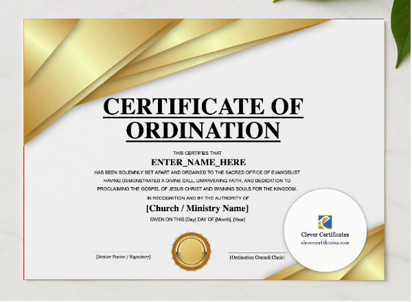Evangelist Ordination Certificate Landscape presented in a sleek wooden frame, elegantly arranged on a stylish table.