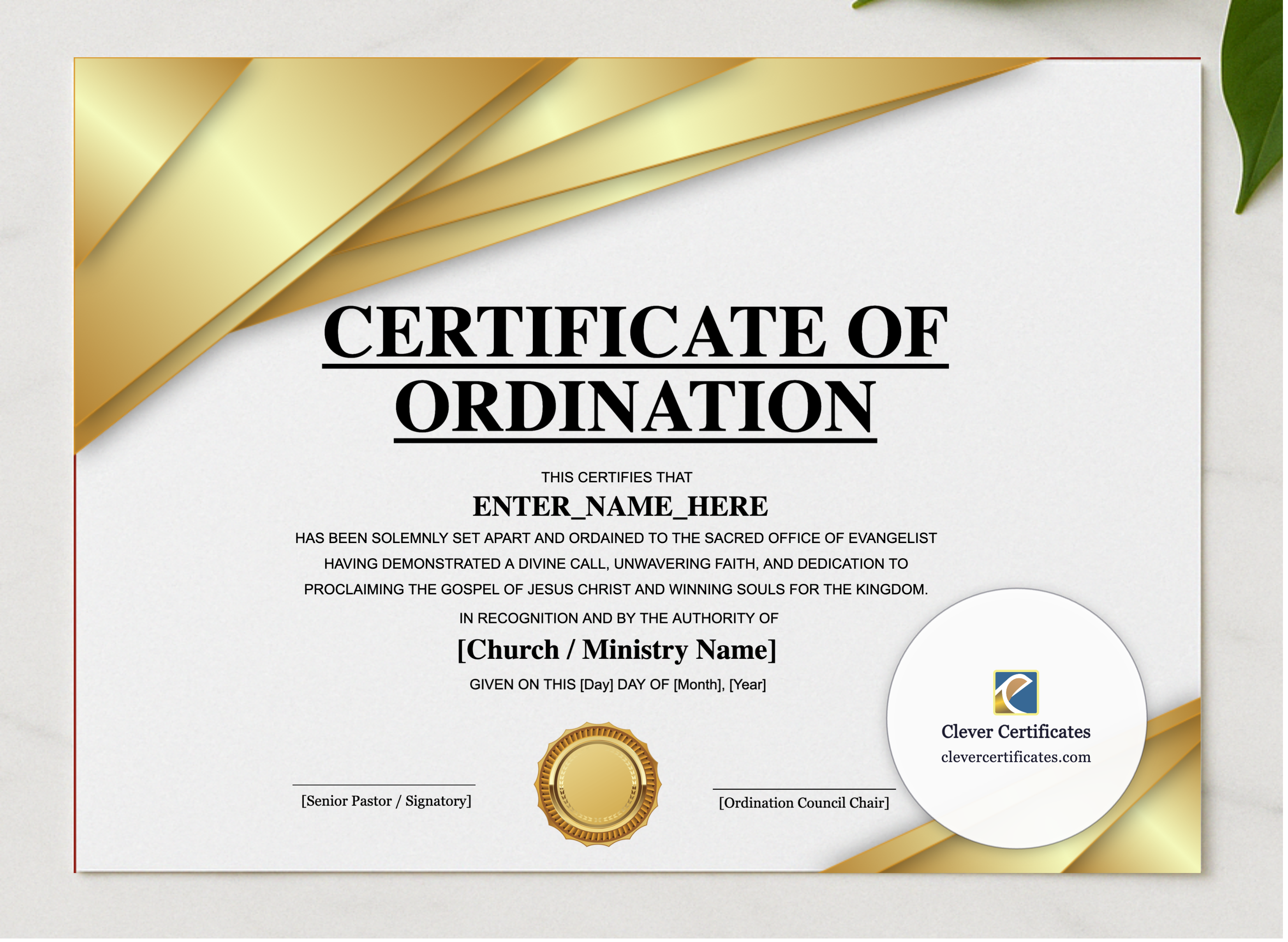 Evangelist Ordination Certificate Landscape presented in a sleek wooden frame, elegantly arranged on a stylish table.