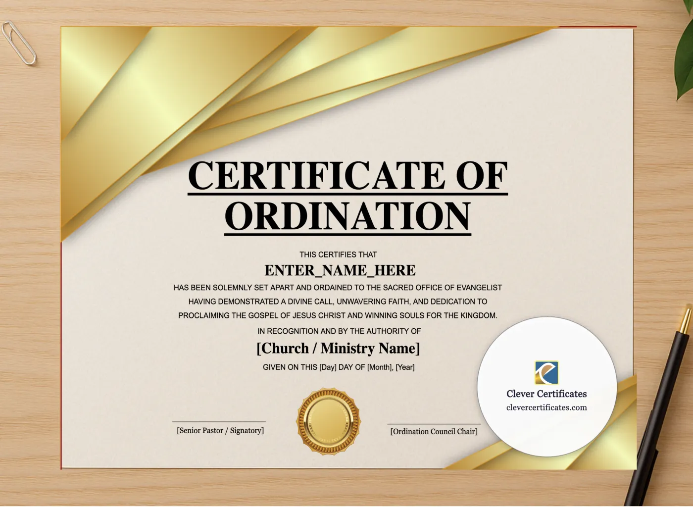 Professional preview of Evangelist Ordination Certificate Landscape certificate on high-quality stationery paper, ideal for showcasing the final look.