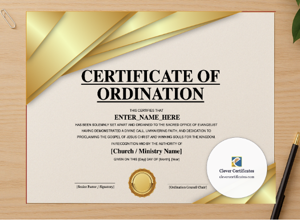 Professional preview of Evangelist Ordination Certificate Landscape certificate on high-quality stationery paper, ideal for showcasing the final look.