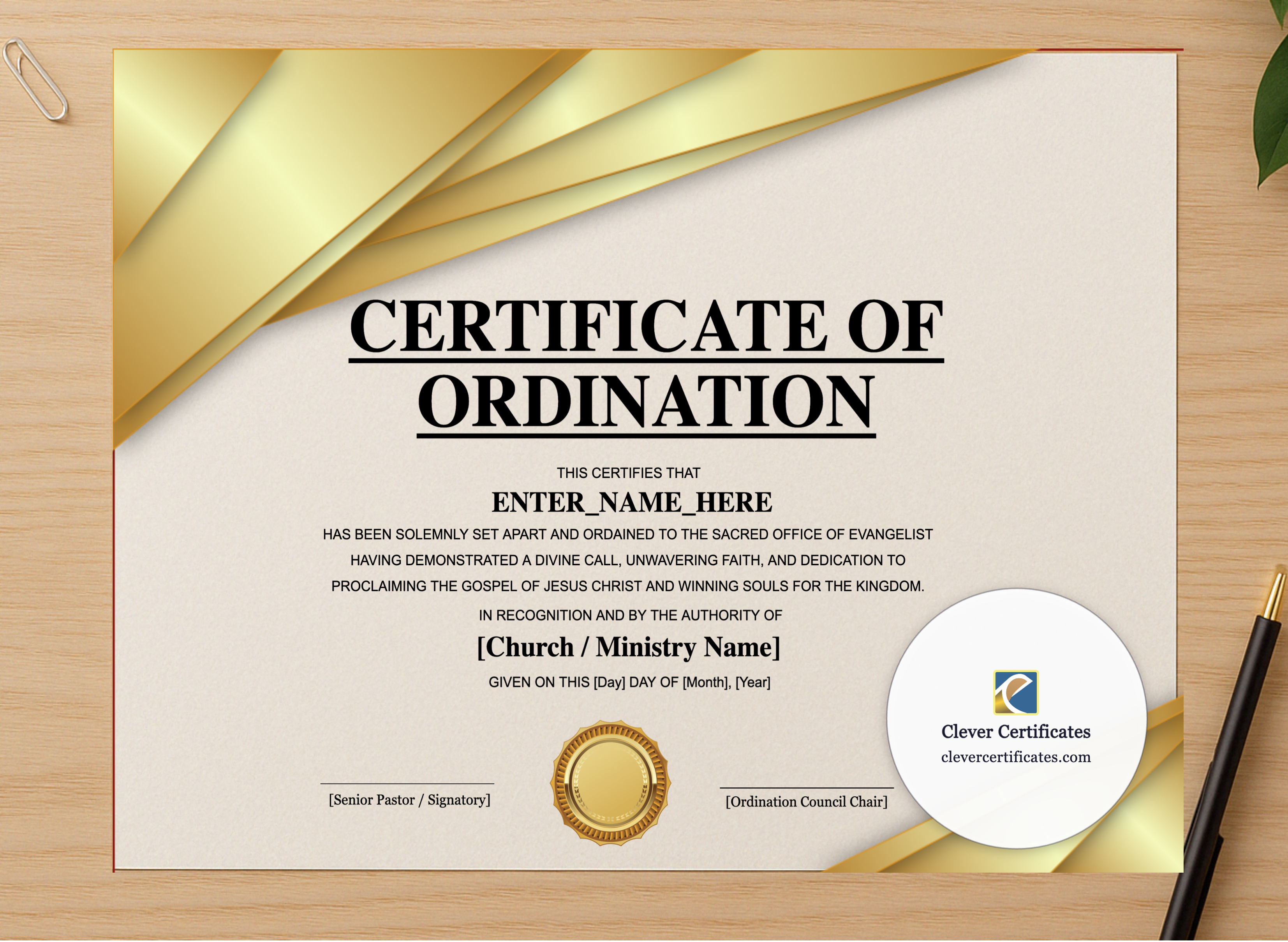 Professional preview of Evangelist Ordination Certificate Landscape certificate on high-quality stationery paper, ideal for showcasing the final look.