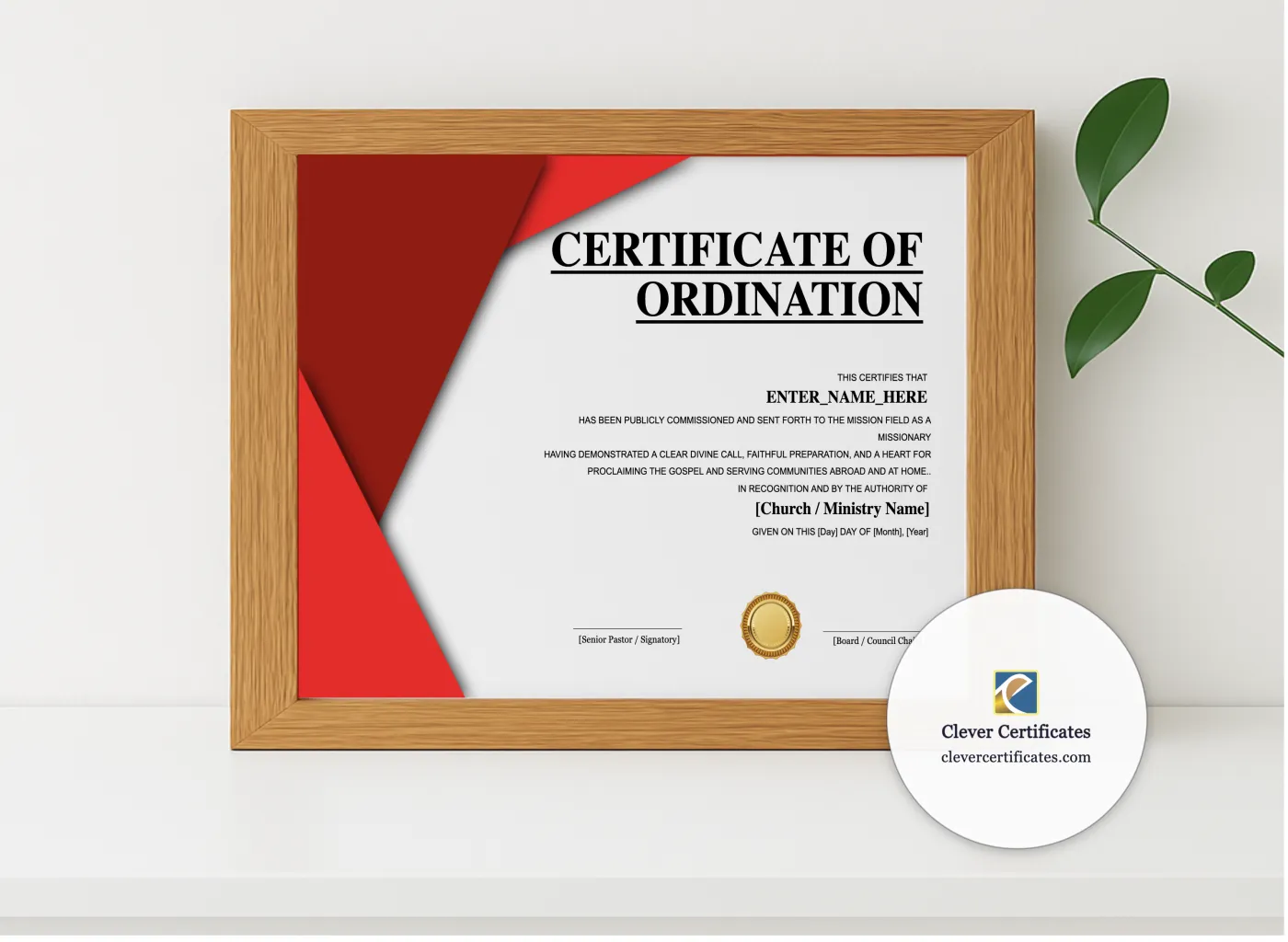 Realistic mockup featuring Missionary Commissioning Certificate Landscape Classic displayed within a modern frame, set against a minimalistic background.