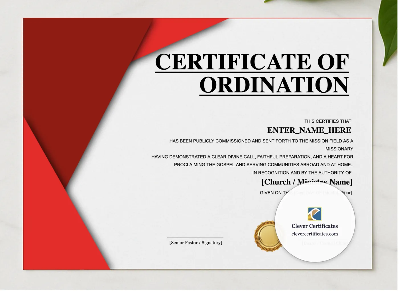 Missionary Commissioning Certificate Landscape Classic presented in a sleek wooden frame, elegantly arranged on a stylish table.