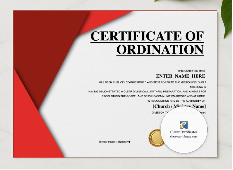 Missionary Commissioning Certificate Landscape Classic presented in a sleek wooden frame, elegantly arranged on a stylish table.