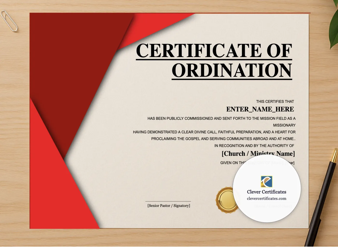 Professional preview of Missionary Commissioning Certificate Landscape Classic certificate on high-quality stationery paper, ideal for showcasing the final look.