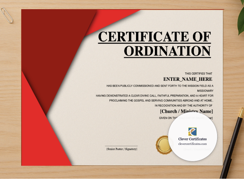 Professional preview of Missionary Commissioning Certificate Landscape Classic certificate on high-quality stationery paper, ideal for showcasing the final look.