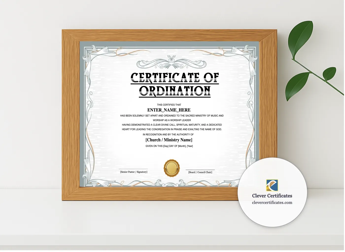 Realistic mockup featuring Worship Leader Ordination Certificate Landscape displayed within a modern frame, set against a minimalistic background.