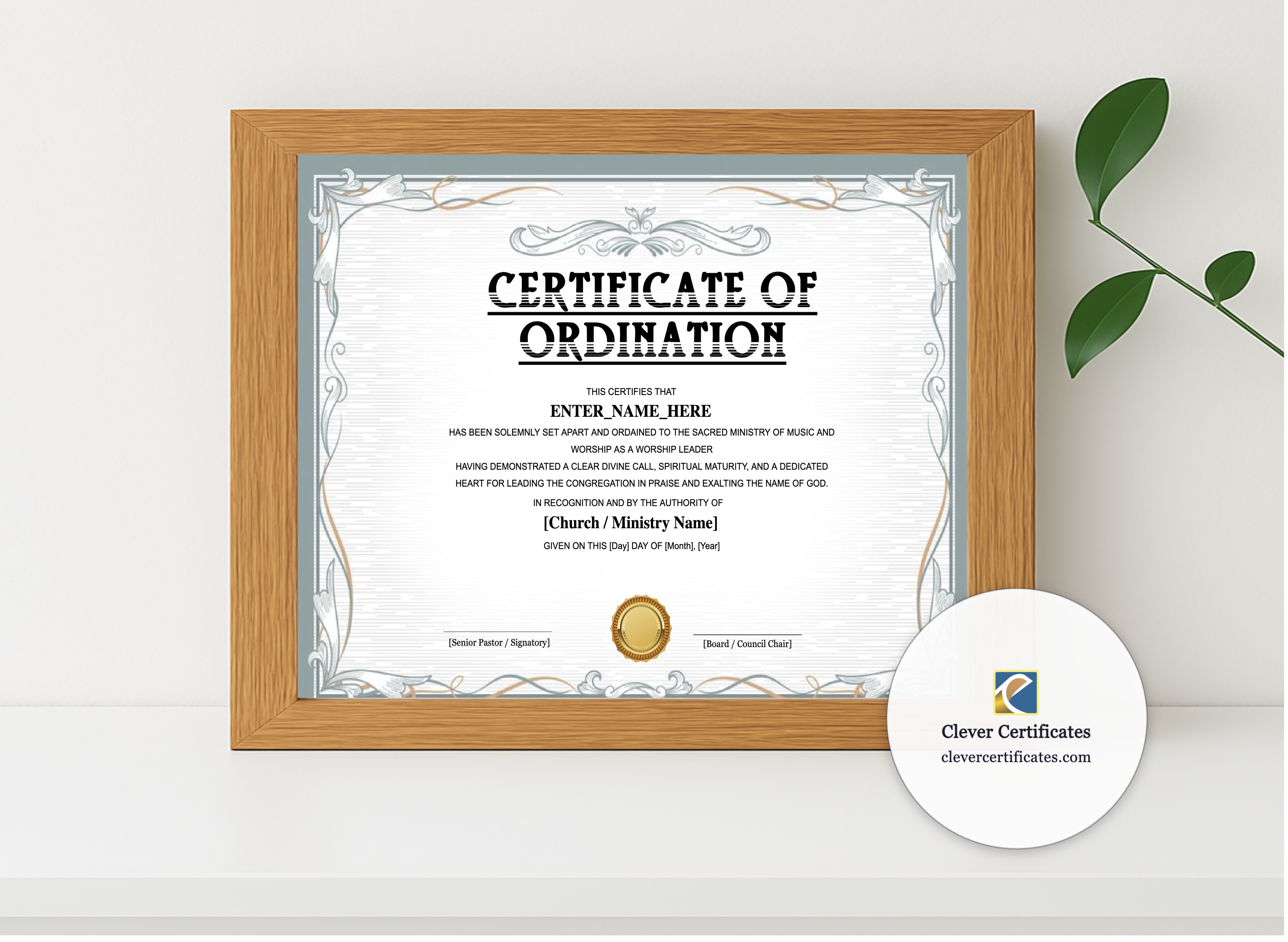 Realistic mockup featuring Worship Leader Ordination Certificate Landscape displayed within a modern frame, set against a minimalistic background.