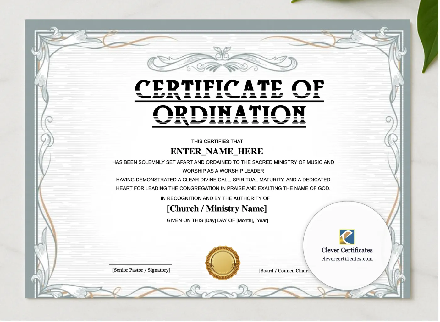 Worship Leader Ordination Certificate Landscape presented in a sleek wooden frame, elegantly arranged on a stylish table.