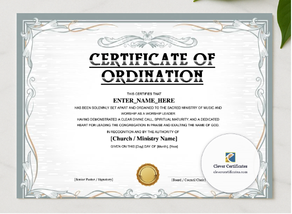 Worship Leader Ordination Certificate Landscape presented in a sleek wooden frame, elegantly arranged on a stylish table.