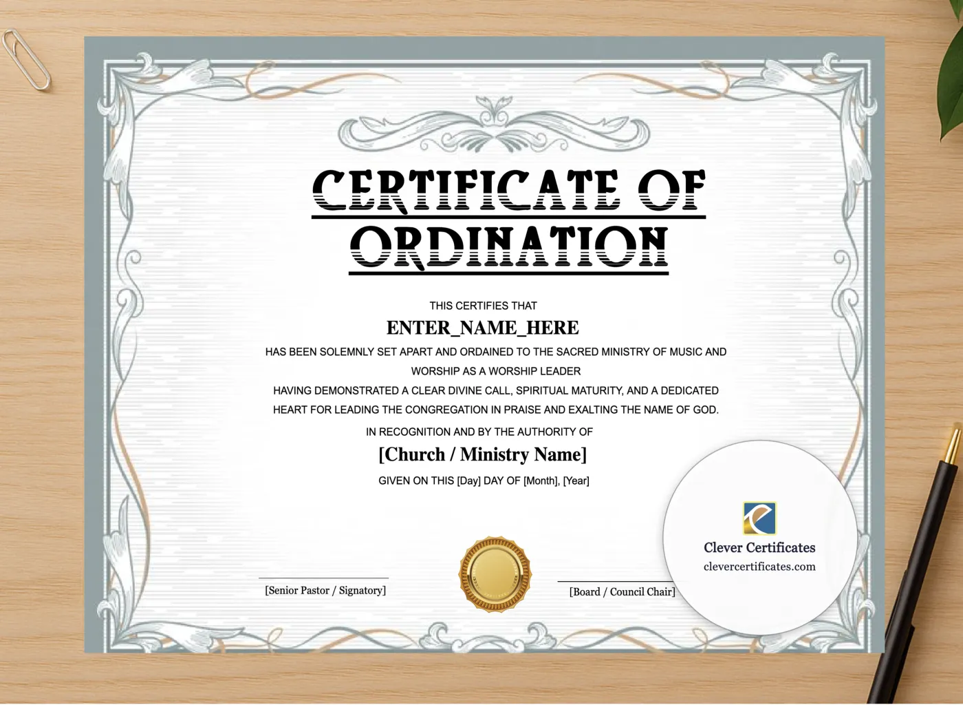 Professional preview of Worship Leader Ordination Certificate Landscape certificate on high-quality stationery paper, ideal for showcasing the final look.
