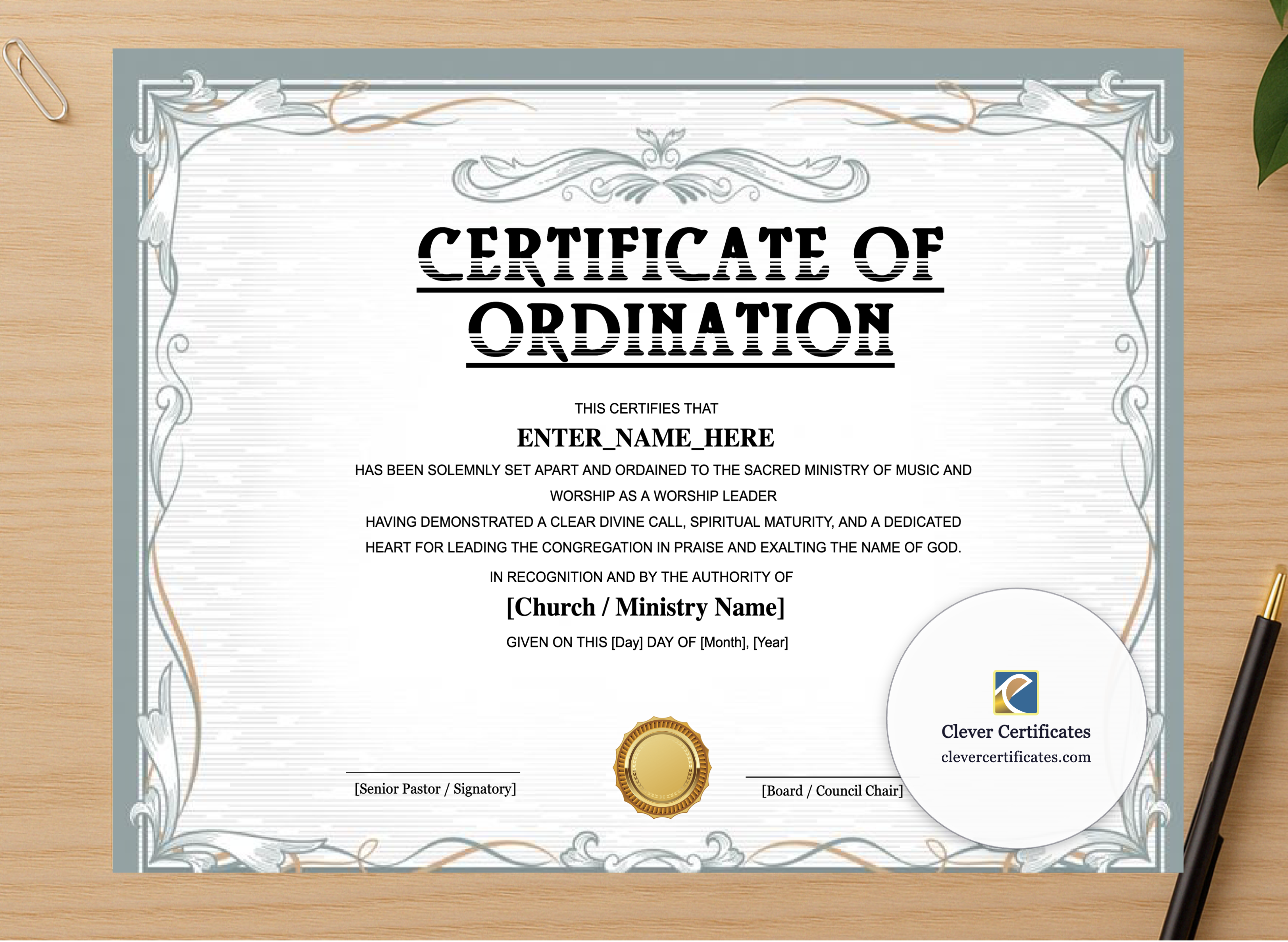 Professional preview of Worship Leader Ordination Certificate Landscape certificate on high-quality stationery paper, ideal for showcasing the final look.
