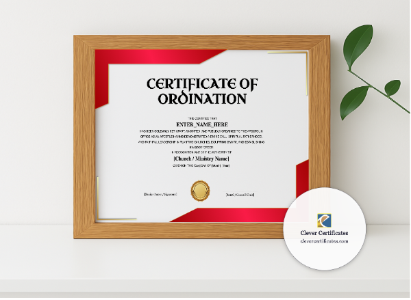 Realistic mockup featuring Apostle Ordination Certificate Landscape displayed within a modern frame, set against a minimalistic background.