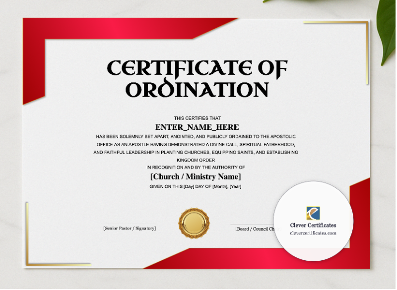 Apostle Ordination Certificate Landscape presented in a sleek wooden frame, elegantly arranged on a stylish table.
