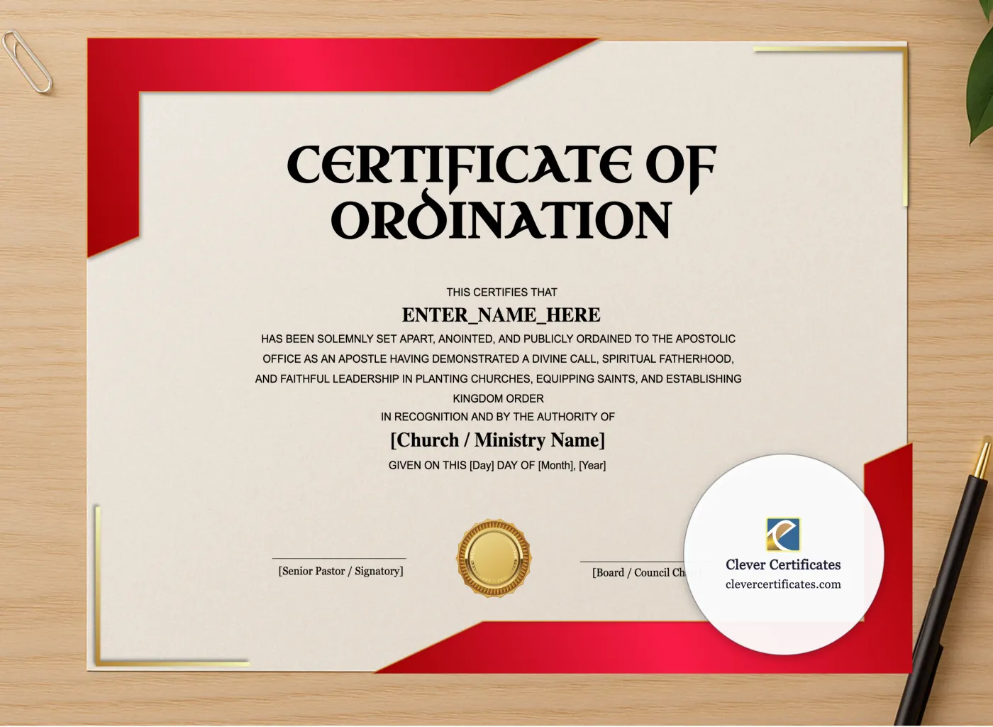 Professional preview of Apostle Ordination Certificate Landscape certificate on high-quality stationery paper, ideal for showcasing the final look.