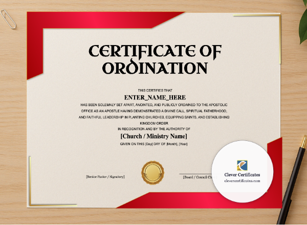Professional preview of Apostle Ordination Certificate Landscape certificate on high-quality stationery paper, ideal for showcasing the final look.