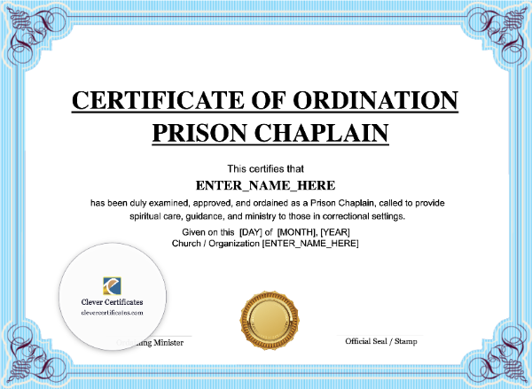 Prison Chaplain Ordination Certificate · Landscape