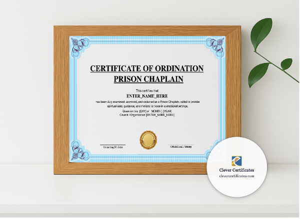 Realistic mockup featuring Prison Chaplain Ordination Certificate Landscape displayed within a modern frame, set against a minimalistic background.