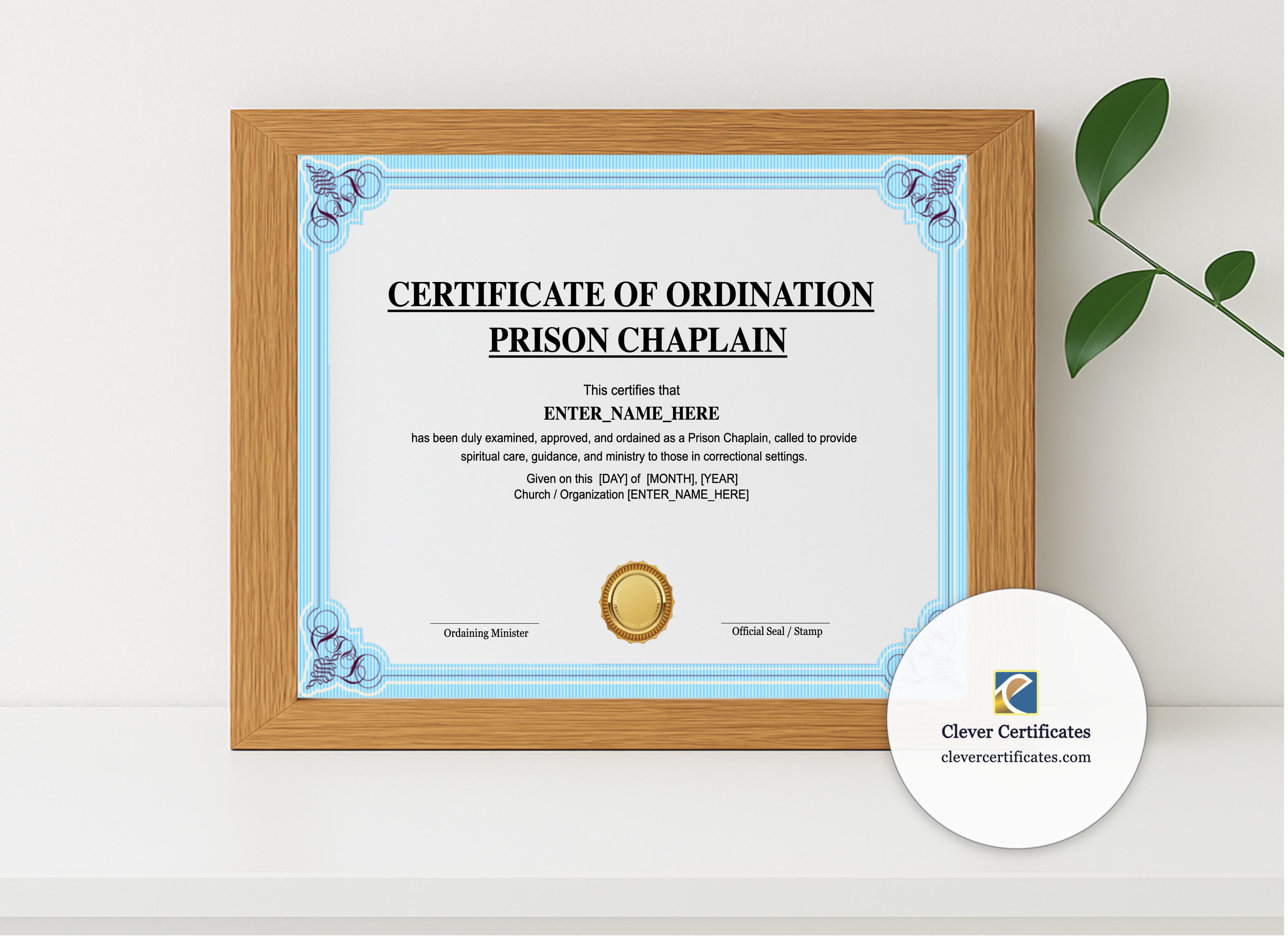 Realistic mockup featuring Prison Chaplain Ordination Certificate Landscape displayed within a modern frame, set against a minimalistic background.