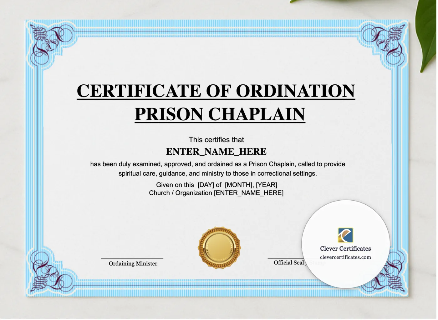 Prison Chaplain Ordination Certificate Landscape presented in a sleek wooden frame, elegantly arranged on a stylish table.