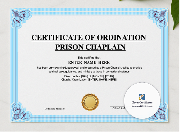 Prison Chaplain Ordination Certificate Landscape presented in a sleek wooden frame, elegantly arranged on a stylish table.