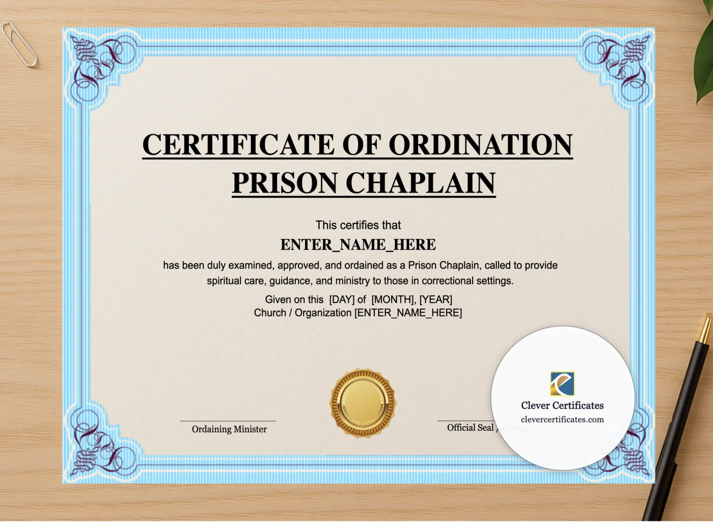 Professional preview of Prison Chaplain Ordination Certificate Landscape certificate on high-quality stationery paper, ideal for showcasing the final look.