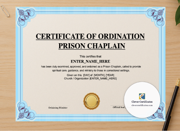 Professional preview of Prison Chaplain Ordination Certificate Landscape certificate on high-quality stationery paper, ideal for showcasing the final look.