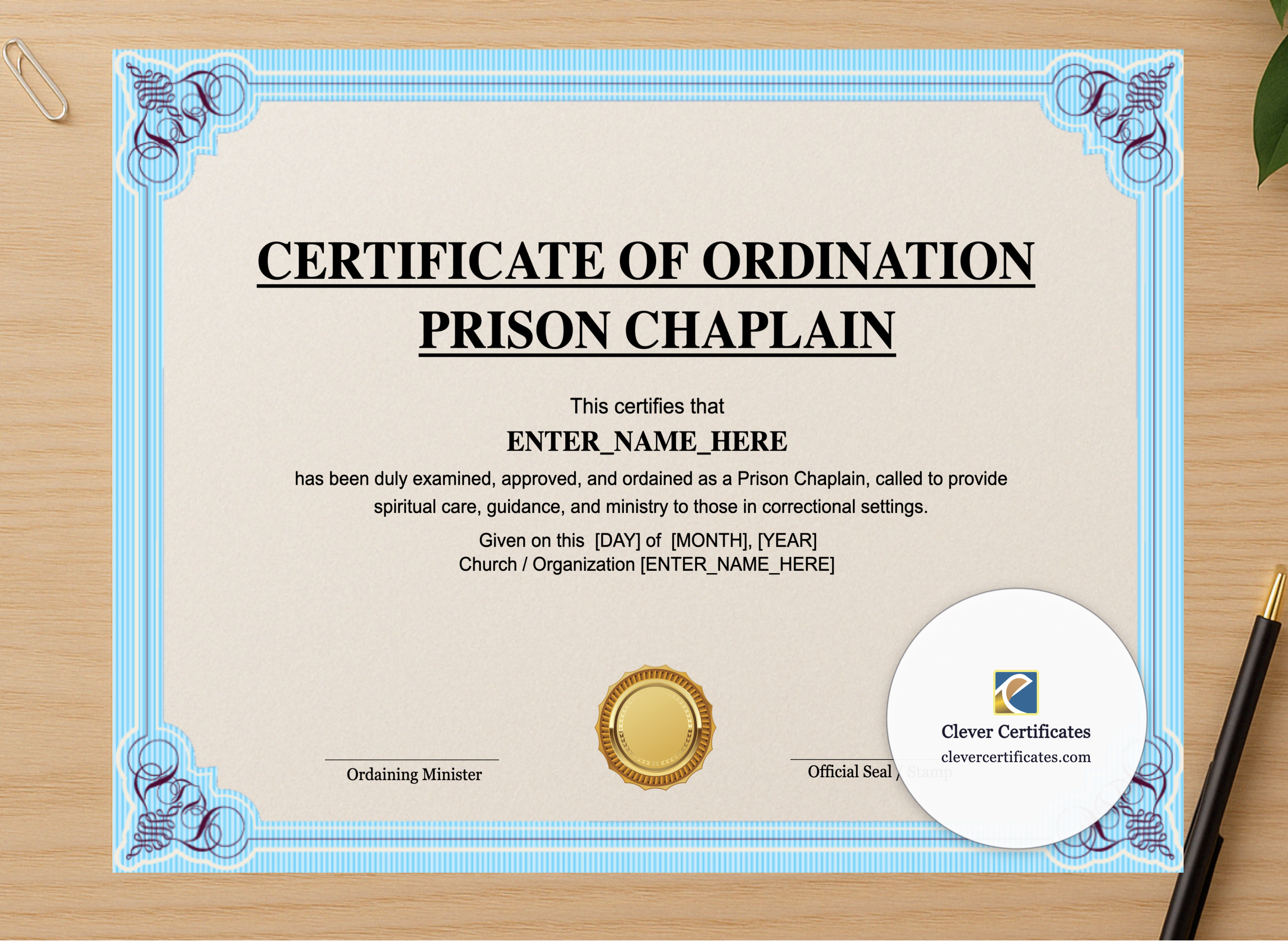 Professional preview of Prison Chaplain Ordination Certificate Landscape certificate on high-quality stationery paper, ideal for showcasing the final look.