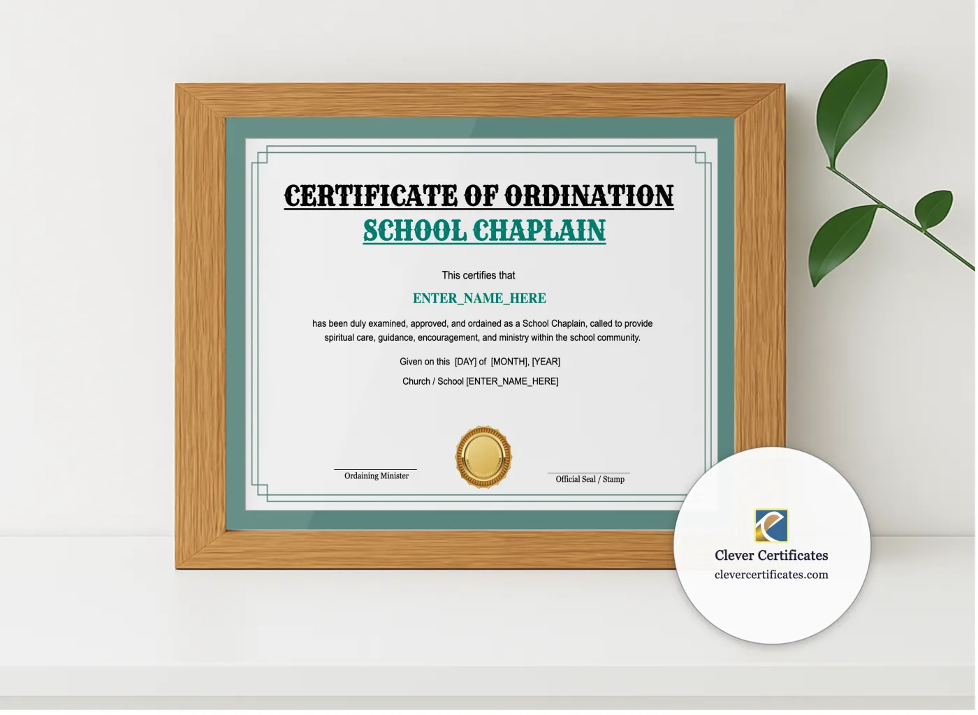 Realistic mockup featuring School Chaplain Certificate Landscape displayed within a modern frame, set against a minimalistic background.