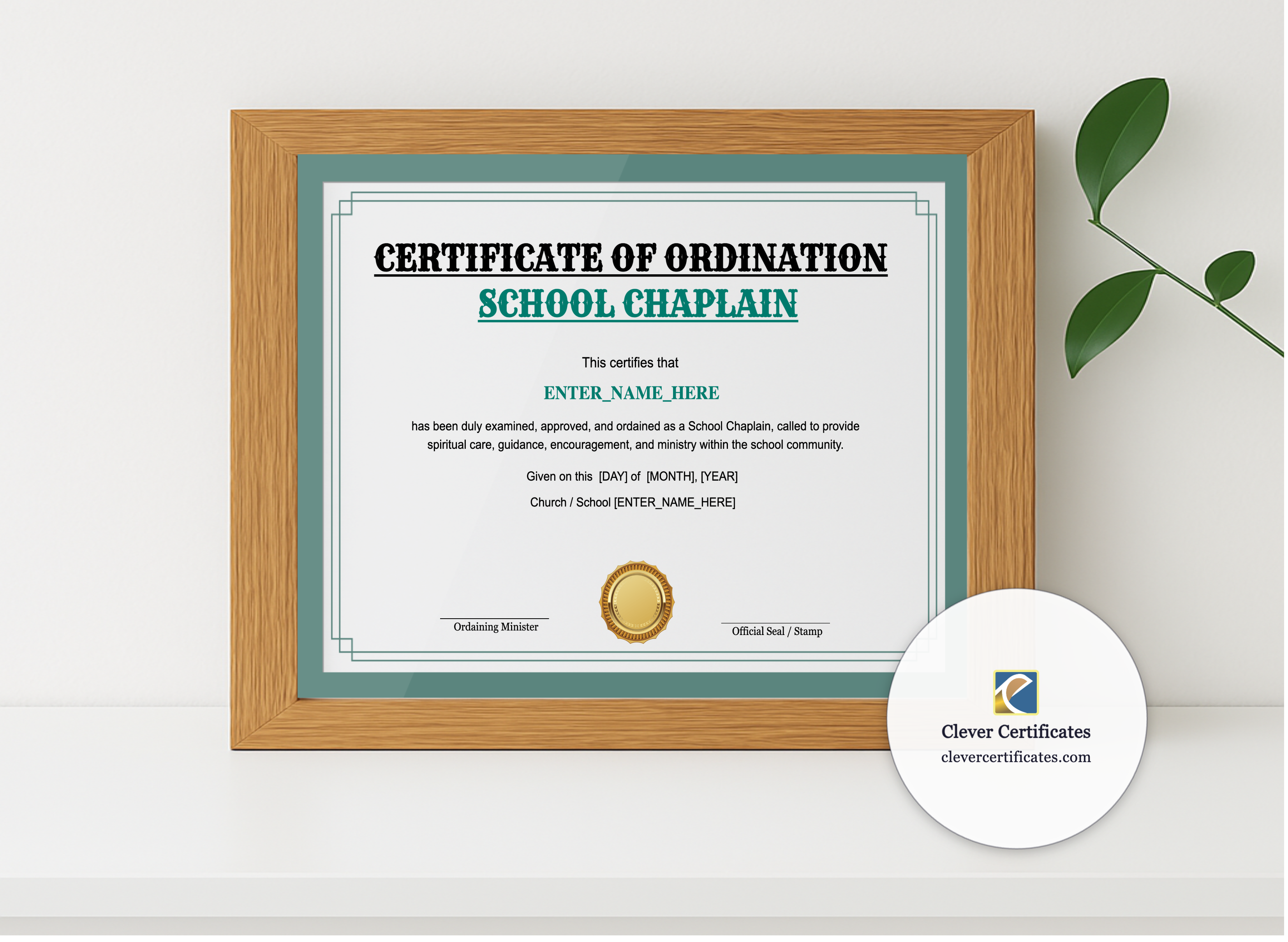 Realistic mockup featuring School Chaplain Certificate Landscape displayed within a modern frame, set against a minimalistic background.