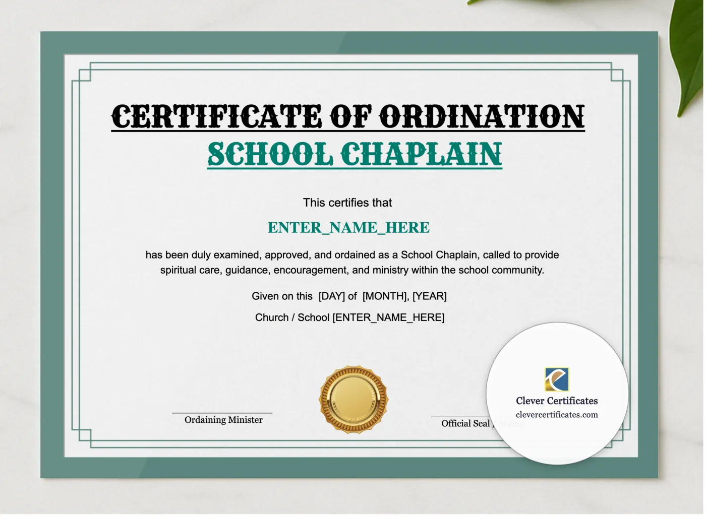 School Chaplain Certificate Landscape presented in a sleek wooden frame, elegantly arranged on a stylish table.