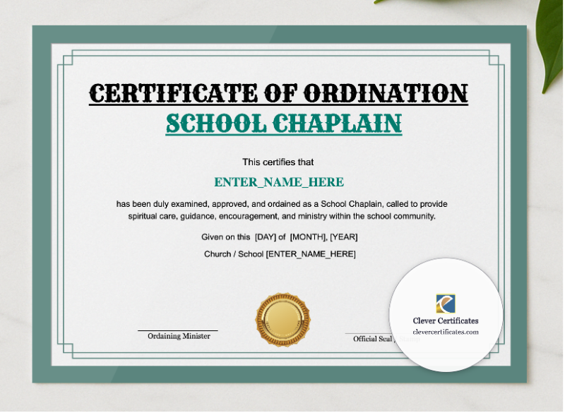 School Chaplain Certificate Landscape presented in a sleek wooden frame, elegantly arranged on a stylish table.