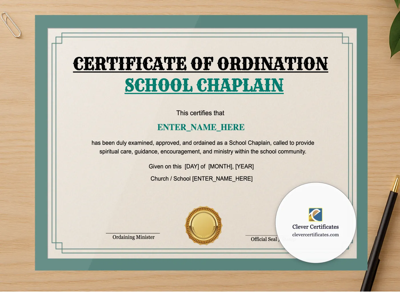 Professional preview of School Chaplain Certificate Landscape certificate on high-quality stationery paper, ideal for showcasing the final look.