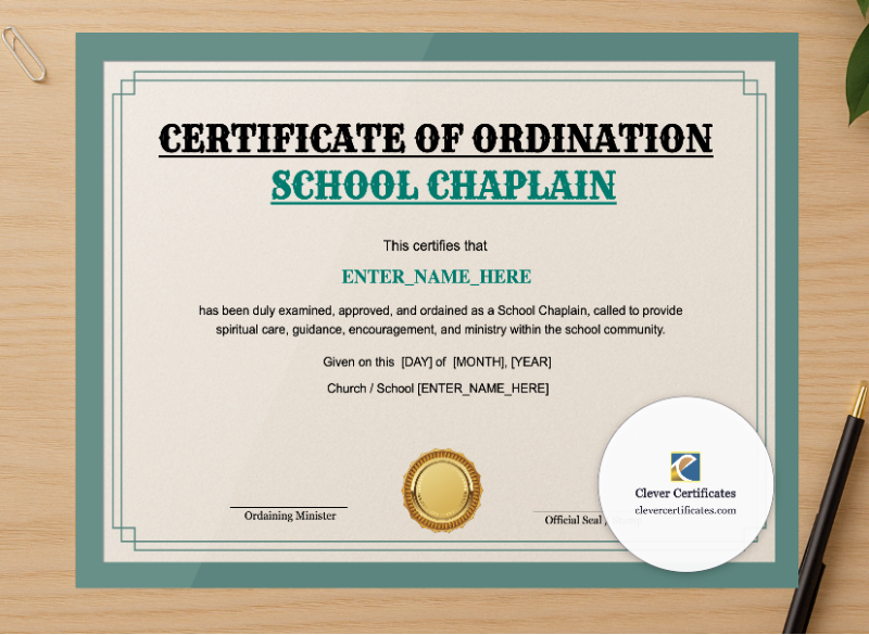 Professional preview of School Chaplain Certificate Landscape certificate on high-quality stationery paper, ideal for showcasing the final look.