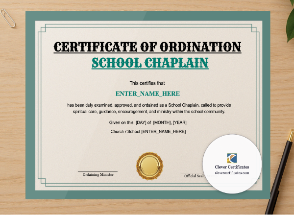 Professional preview of School Chaplain Certificate Landscape certificate on high-quality stationery paper, ideal for showcasing the final look.