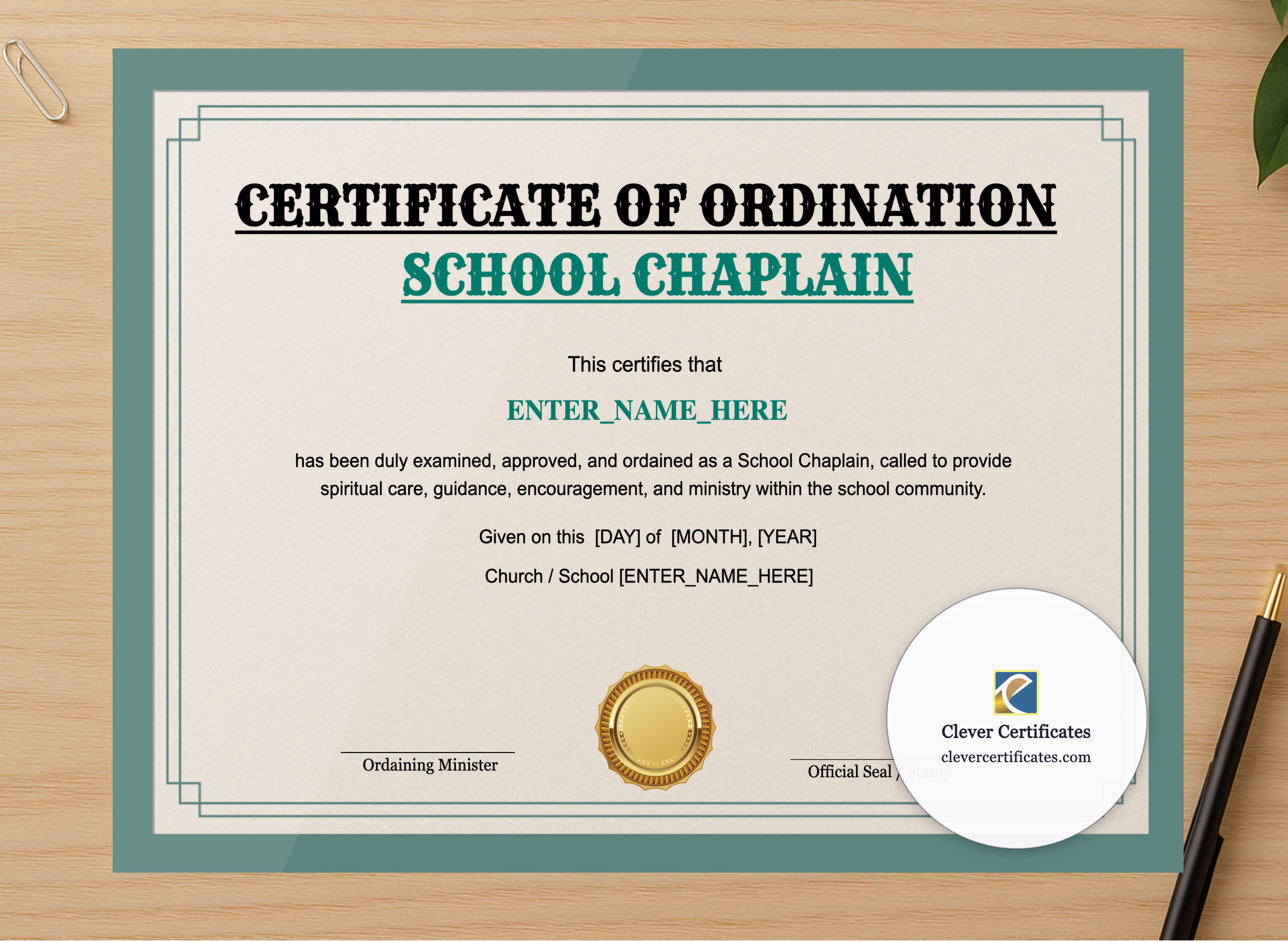 Professional preview of School Chaplain Certificate Landscape certificate on high-quality stationery paper, ideal for showcasing the final look.