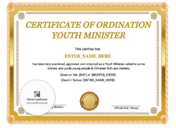Youth Minister Ordination Certificate · Landscape