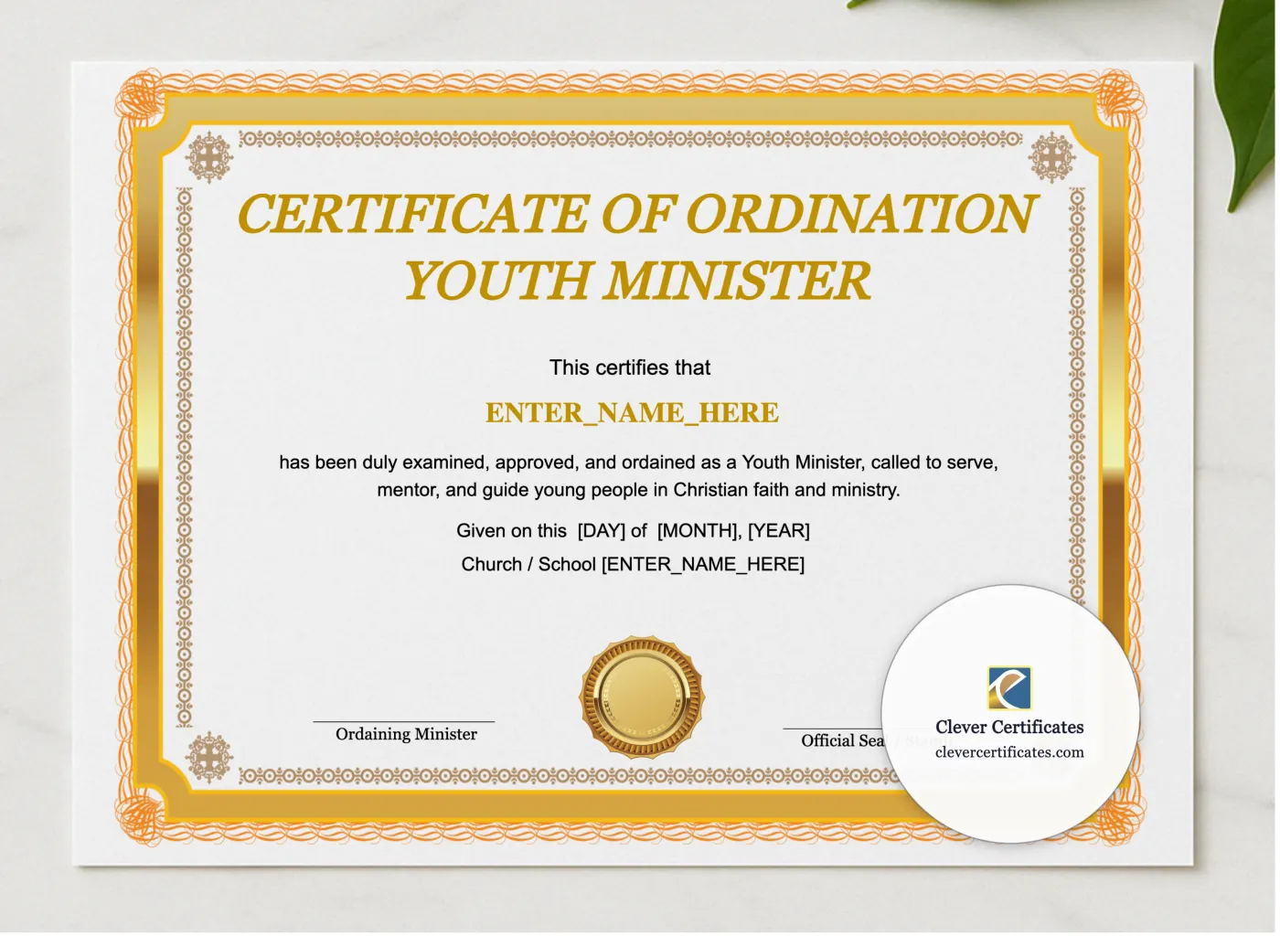 Youth Minister Ordination Certificate Landscape presented in a sleek wooden frame, elegantly arranged on a stylish table.